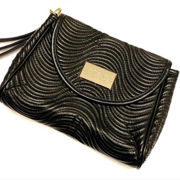 Versace Clutch Wristlet Textured Purse Small Bag Gold Hardware Party Purse NEW
